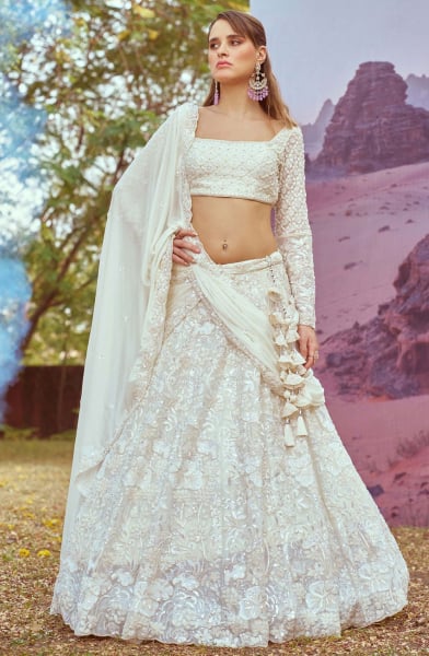 Cream Georgette Heavy Designer Lehenga Choli Set for Wedding