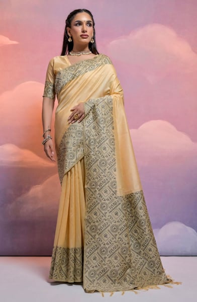 Cream Handloom Raw Silk Woven Saree