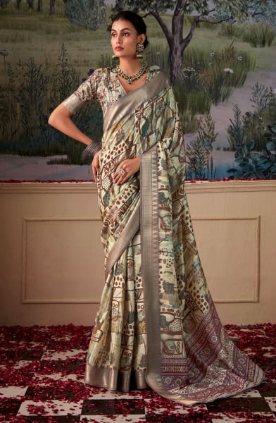 Cream Handloom Silk Party Wear Saree
