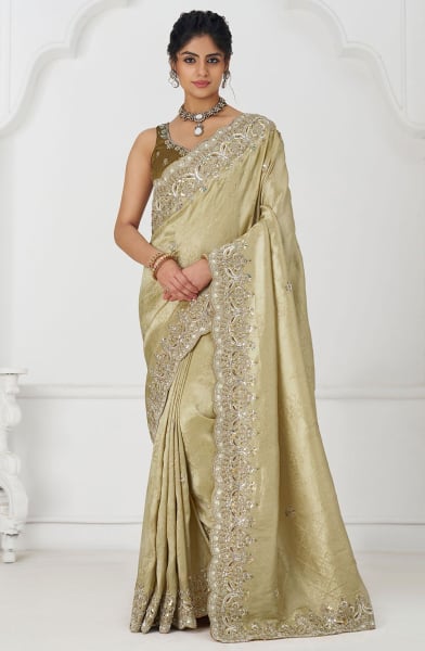 Cream Handwork Pure Dola Silk Designer Saree