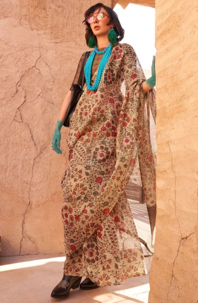 Cream Handwoven Zari Tissue Saree