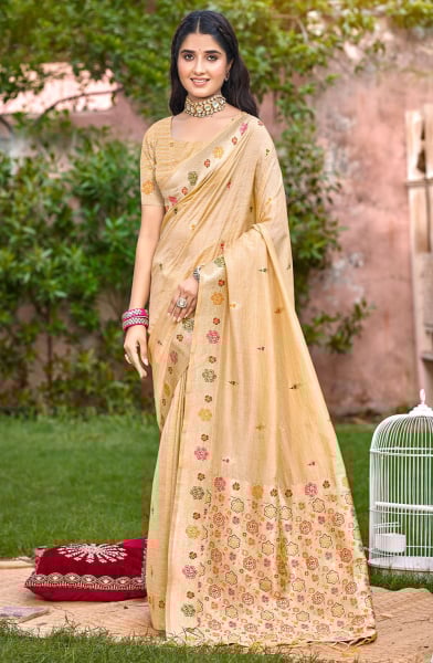 Cream Heavy Assam Silk Meena Work Saree for Festival