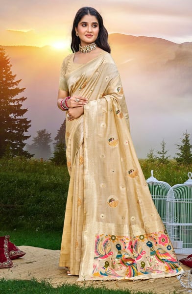 Cream Heavy Assam Silk Meena Work Saree for Festival