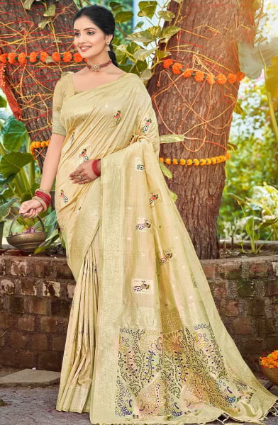 Cream Heavy Assam Silk Meena Work Saree for Festival