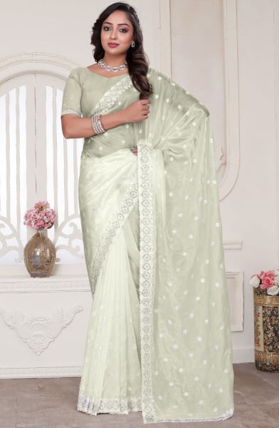 Cream Heavy Resham Embroidered Designer Saree for Ceremonial