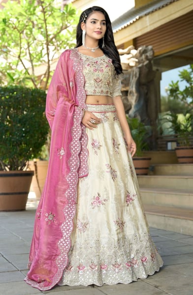 Cream Heavy Resham Embroidered Lehenga Choli Set