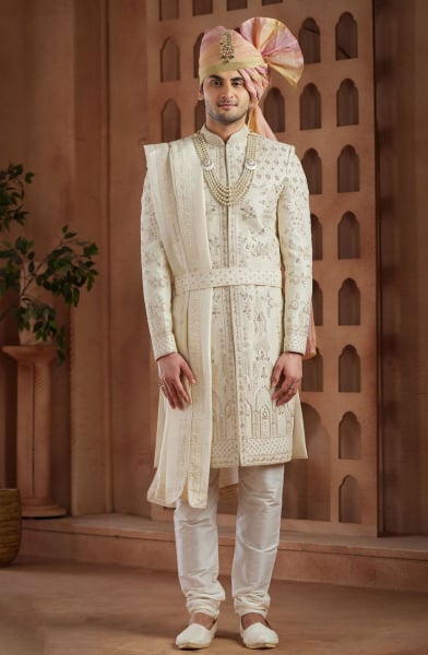 Cream Heavy Wedding Wear Sherwani