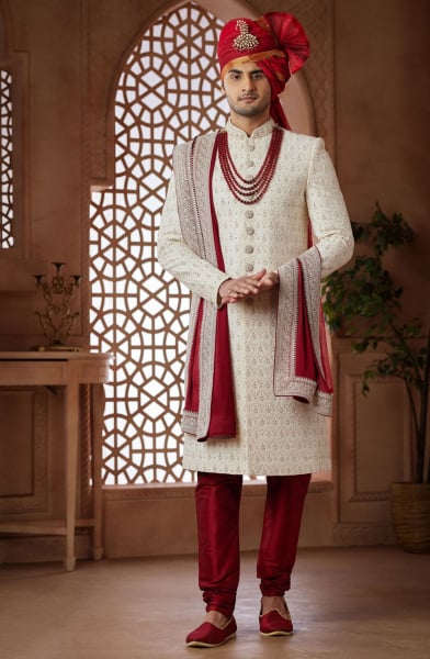 Cream Heavy Wedding Wear Sherwani