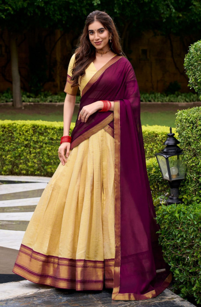Cream Kanchipuram Silk Zari Woven Lehenga Choli for Ceremonial