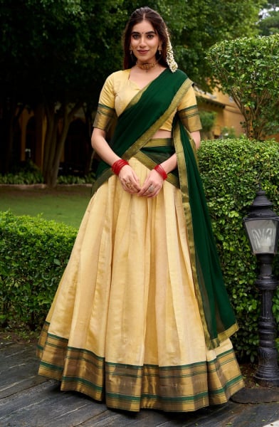 Cream Kanchipuram Silk Zari Woven Lehenga Choli for Ceremonial