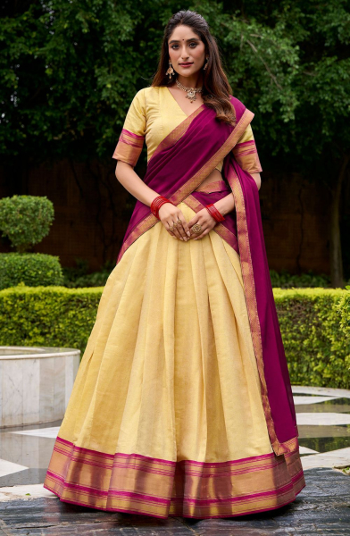 Cream Kanchipuram Silk Zari Woven Lehenga Choli for Ceremonial