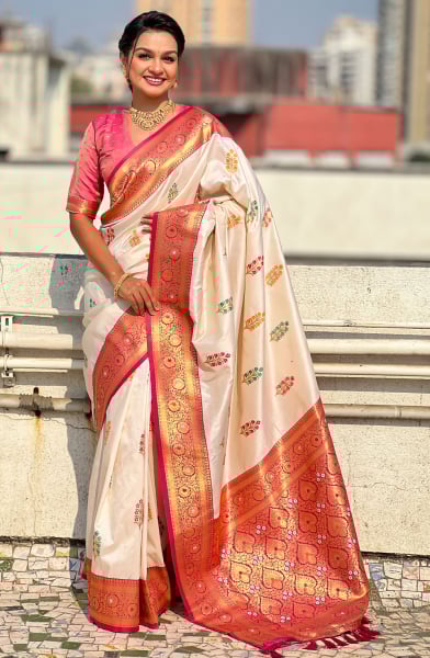 Cream Meenakari Weaving Soft Silk Saree