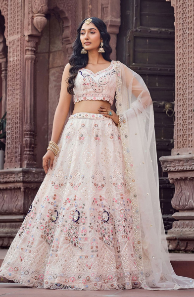 Cream Net Heavy Embroidered Lehenga Choli for Wedding