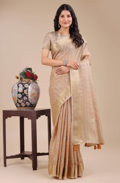 Cream Organza Woven Saree