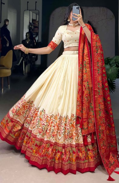 Cream Printed Tussar Silk Lehenga Choli