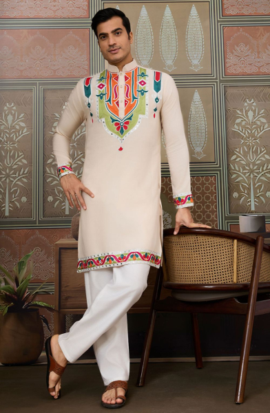 Cream Pure Cotton Readymade Kurta for Festival