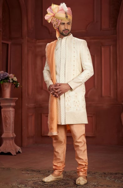 Cream Pure Silk Wedding Wear Sherwami