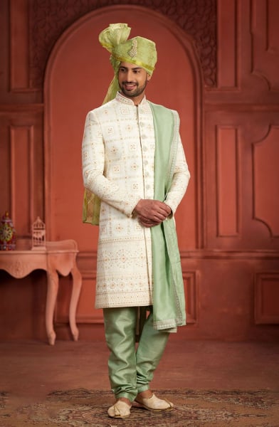 Cream Pure Silk Wedding Wear Sherwami