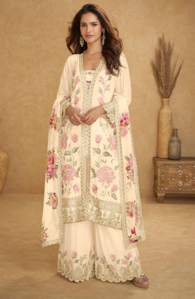 Cream Real Chinon Palazzo Kameez Suit