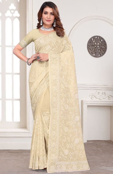 Cream Resham Embroidered Georgette Saree