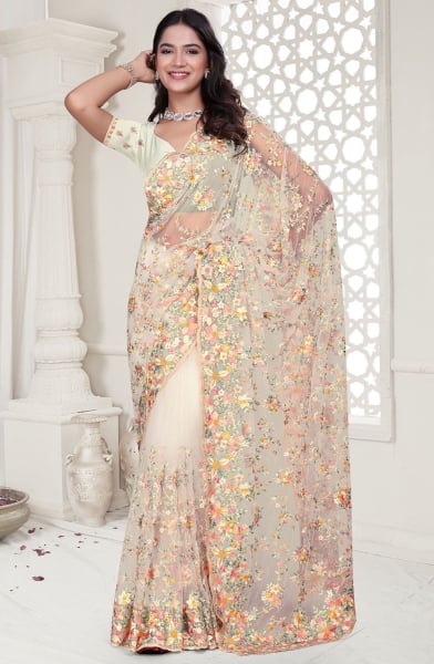 Cream Resham Embroidered Net Saree