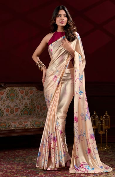 Cream Satin Silk Digital Printed Saree