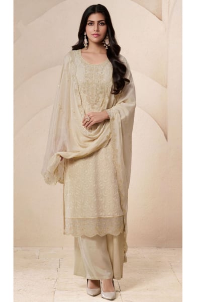 Cream Schiffli Work Organza Palazzo Kameez