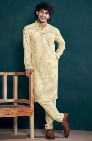 Cream Sequined Viscose Men Kurta Set