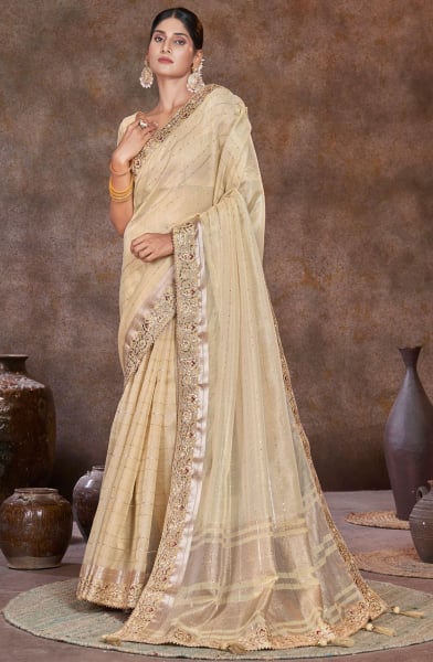 Cream Sequins Embellished Dyed Silk Saree