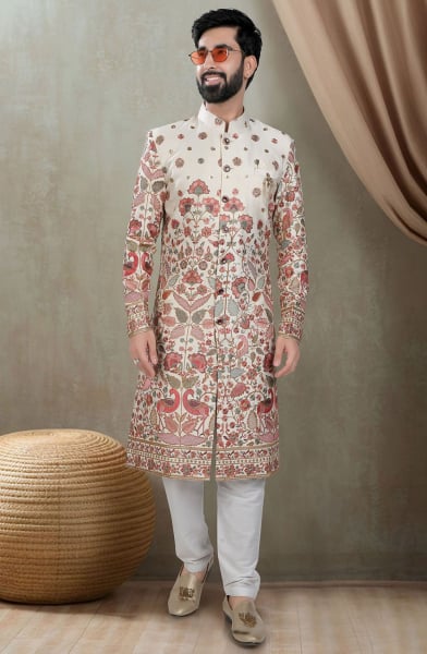 Cream Silk Designer Sherwani