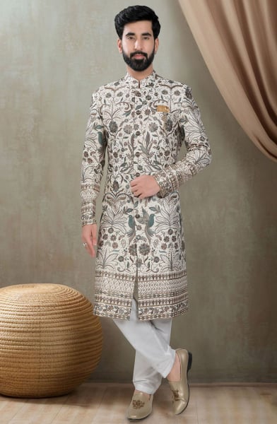 Cream Silk Designer Sherwani