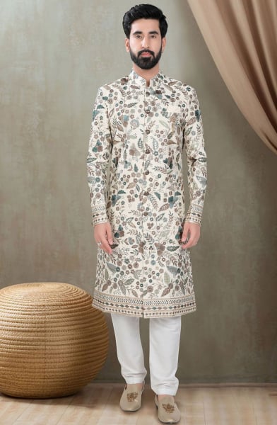 Cream Silk Designer Sherwani