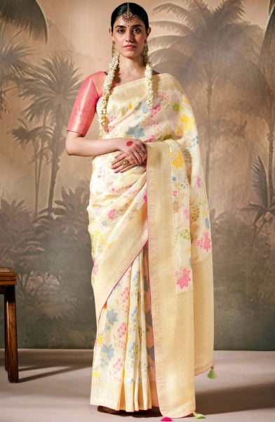 Cream Silk Designer Woven Work Saree