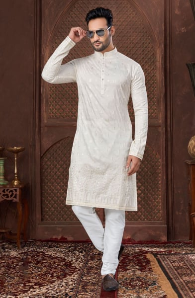 Cream Silk Embroidered Kurta Set