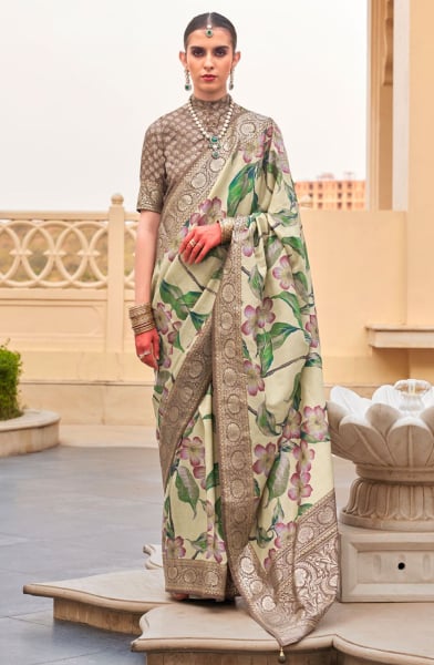 Cream Silk Floral Printed Saree