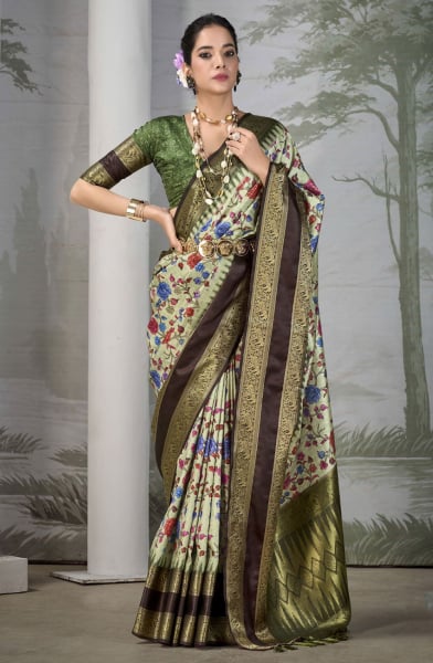 Cream Silk Woven Party Wear Saree