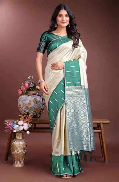 Cream Silk Woven Saree