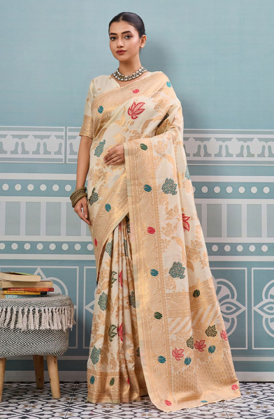 Cream Silk Woven Saree for Festival