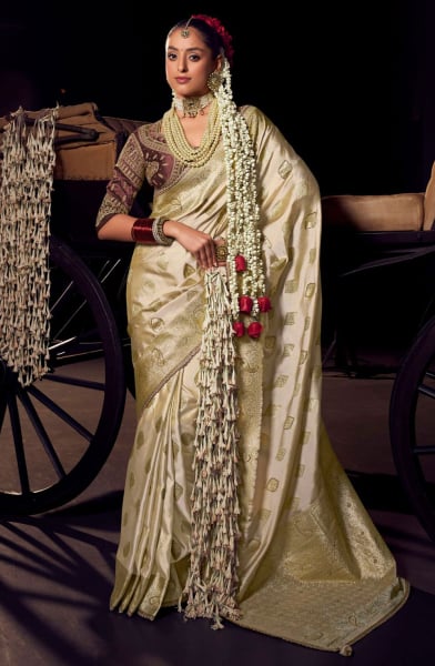 Cream Silk Zari Weaving Saree for Ceremonial