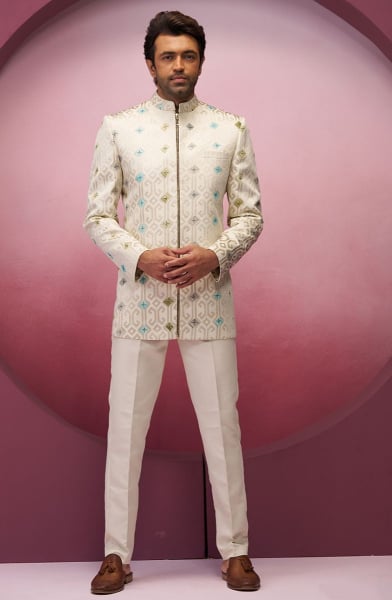 Cream Terry Rayon Designer Jodhpuri Suit