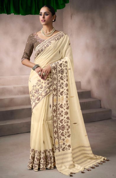 Cream Viscose Cottom Zari and Resham Embroidered Saree for Festival