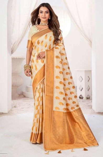 Cream Viscose Crepe Party Wear Saree