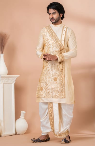 Cream Viscose Readymade Dhoti Kurta Set