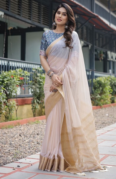 Cream White Chiffon Saree