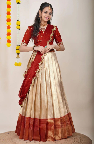 Cream Woven Kanjivaram Silk Lehenga Choli