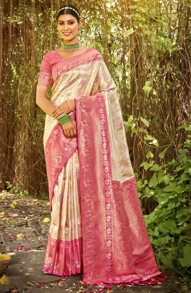 Cream Woven Kanjivaram Silk Saree