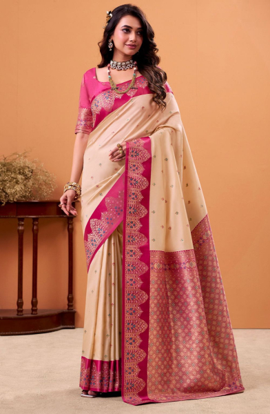 Cream Woven Satin Silk Saree
