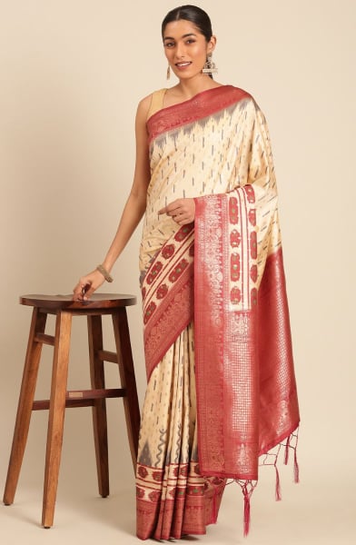 Cream Woven Silk Saree for Festival