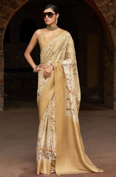 Cream Woven Zari Butti Tussar Silk Saree