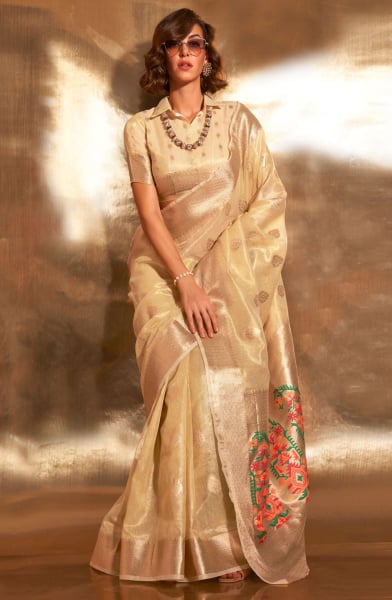 Cream Zari Tissue Paithani Pallu Saree